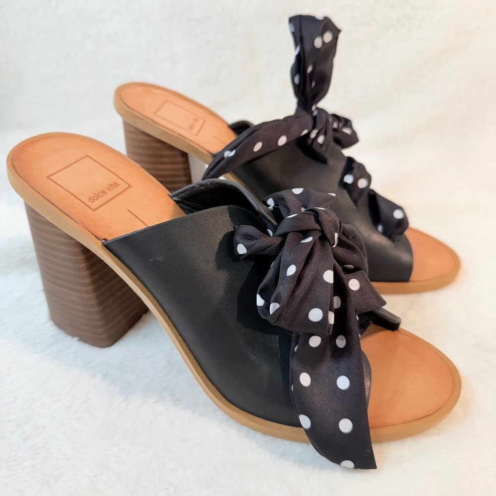 Dolce Vita Aleeya Black Leather Polka Dot Bow Block 3.5" Heel Mules Womens‎ 9.5M